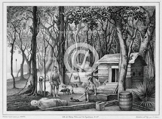 Dwelling of Two Shipwrecked Europeans in Port Lloyd of Peel Island, Bonin Islands, 19th century. Creators: Friedrich Heinrich Kittlitz, Victor Adam, Louis-Pierre-Alphonse Bichebois, Godefroy Engelmann.