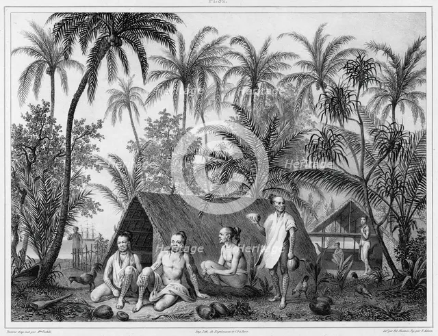 Dwellings, Lower Caroline Islands, 19th century. Creators: Alexander Postels, Victor Adam.