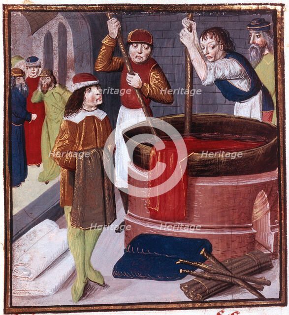 Dyers immersing bolt of cloth in vat of dye placed over a fire, 15th century. Artist: Unknown