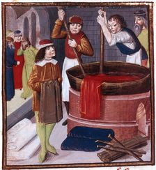 Dyers immersing bolt of cloth in vat of dye placed over a fire, 15th century