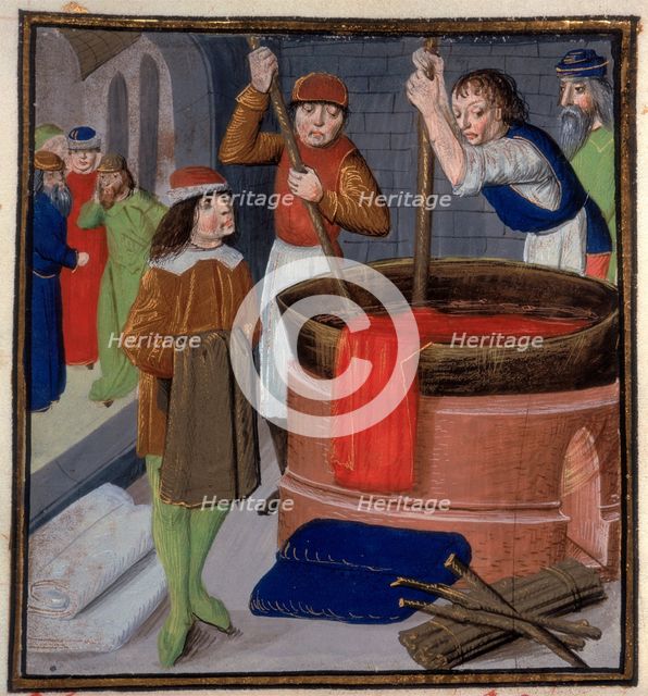 Dyers soaking red cloth in a heated barrel, 1482. Creator: Unknown.