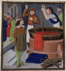 Dyers soaking red cloth in a heated barrel, 1482. Creator: Unknown