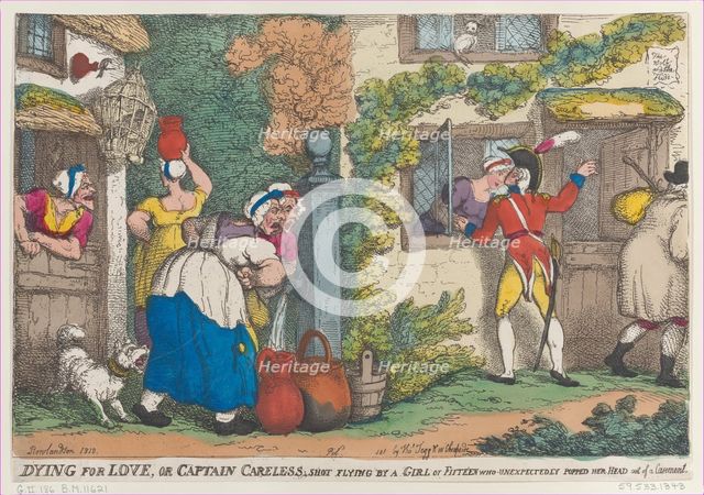Dying for Love, or Captain Careless, Shot Flying by a Girl of Fifteen who Unexpectedly Pop..., 1810. Creator: Thomas Rowlandson.
