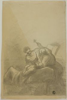 Dying Man Attended By Two Figures Holding Candle, Book and Cross, n.d. Creator: Unknown