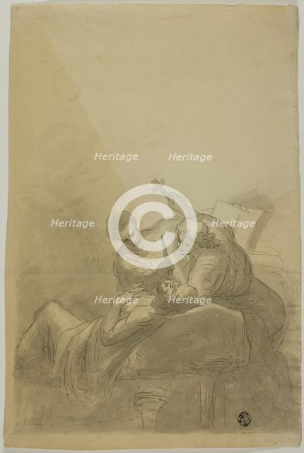 Dying Man Attended By Two Figures Holding Candle, Book and Cross, n.d. Creator: Unknown.