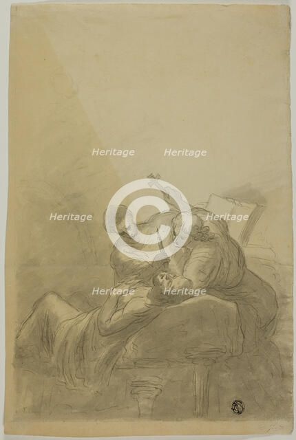 Dying Man Attended By Two Figures Holding Candle, Book and Cross, n.d. Creator: Unknown.