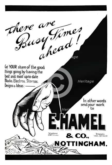 'E. Hamel & Co. advert - There are busy times ahead!', 1919. Artist: Unknown.