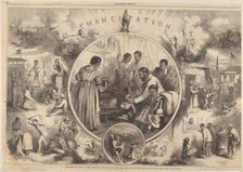 Emancipation of the Negroes - The Past and the Future (from Harper's Weekly), January 24, 1863. Creator: Thomas Nast