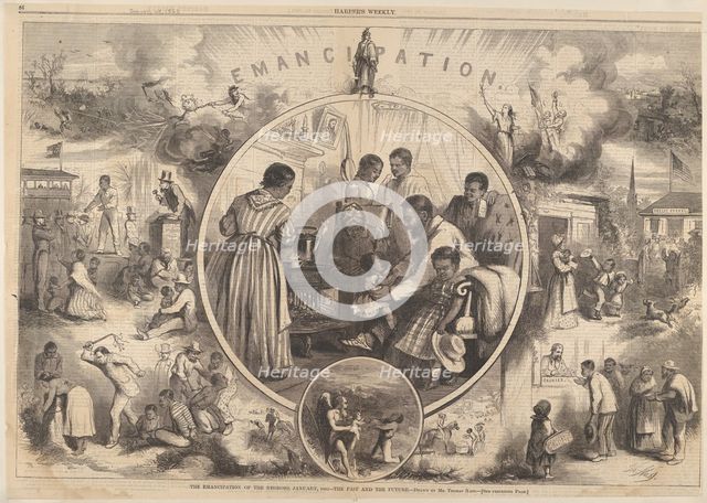 Emancipation of the Negroes - The Past and the Future (from Harper's Weekly), January 24, 1863. Creator: Thomas Nast.