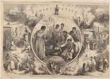 Emancipation of the Negroes - The Past and the Future (from Harper's Weekly), January 24, 1863. Creator: Thomas Nast
