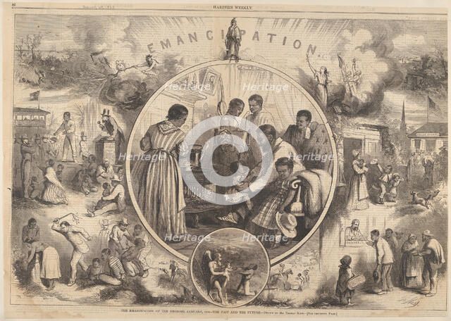 Emancipation of the Negroes - The Past and the Future (from Harper's Weekly), January 24, 1863. Creator: Thomas Nast.