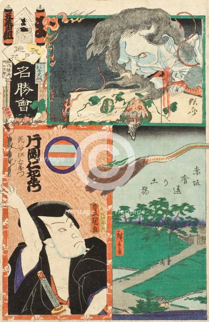 Embankment by Kuichigai Moat in Asakusa; The Actor Kataoka Nizaemon VIII as Tamigaya Iemon, 1863. Creators: Utagawa Kunisada, Utagawa Hiroshige II, Kawanabe Kyosai.