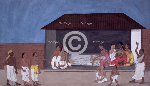 Embalming of old man, Indian funeral ceremony, 1820. Creator: Unknown.