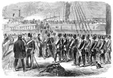 Embarkation at Woolwich, yesterday week, of the E Battery Fourth Brigade of Royal Field..., 1861. Creator: Unknown