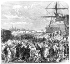 Embarkation of dockyard workmen as emigrants at Portsmouth, 1869. Creator: Unknown