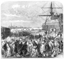 Embarkation of dockyard workmen as emigrants at Portsmouth, 1869. Creator: Unknown
