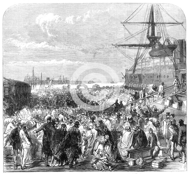Embarkation of dockyard workmen as emigrants at Portsmouth, 1869. Creator: Unknown.