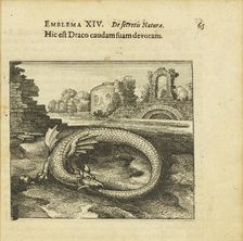 Emblem 14. This is the dragon eating its own tail. From "Atalanta fugiens" by Michael Maier, 1618. Creator: Merian, Matthäus, the Elder (1593-1650)