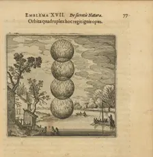 Emblem 17. A fourfold ball of fire governs this work. From "Atalanta fugiens" by Michael Maier, 1618 Creator: Merian, Matthäus, the Elder (1593-1650)
