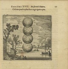 Emblem 17. A fourfold ball of fire governs this work. From "Atalanta fugiens" by Michael Maier, 1618 Creator: Merian, Matthäus, the Elder (1593-1650)