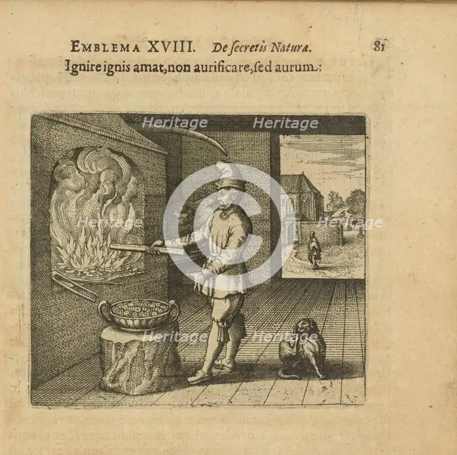 Emblem 18. Fire makes fiery, not gold, but gold. From "Atalanta fugiens" by Michael Maier, 1618. Creator: Merian, Matthäus, the Elder (1593-1650).