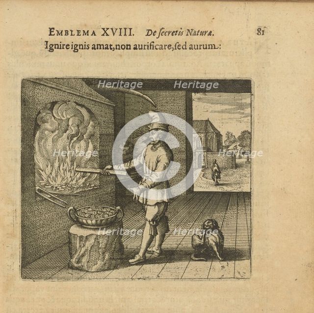 Emblem 18. Fire makes fiery, not gold, but gold. From "Atalanta fugiens" by Michael Maier, 1618. Creator: Merian, Matthäus, the Elder (1593-1650).