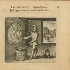 Emblem 18. Fire makes fiery, not gold, but gold. From "Atalanta fugiens" by Michael Maier, 1618. Creator: Merian, Matthäus, the Elder (1593-1650)