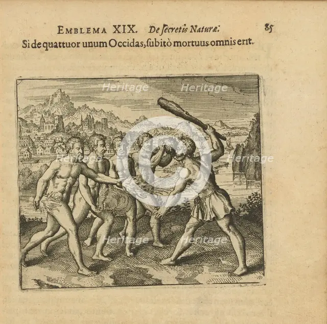 Emblem 19. If you kill one of the four, soon they will all die, 1618. Creator: Merian, Matthäus, the Elder (1593-1650).