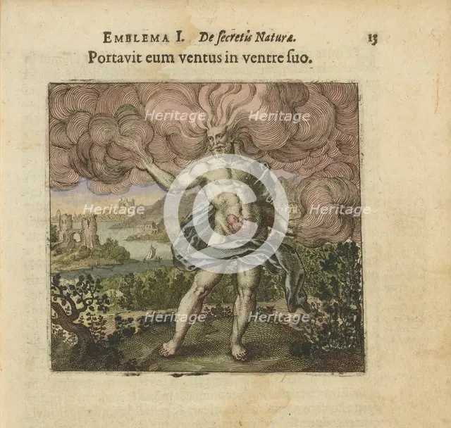 Emblem 1. The wind carried him in his belly. From "Atalanta fugiens" by Michael Maier, 1618. Creator: Merian, Matthäus, the Elder (1593-1650).