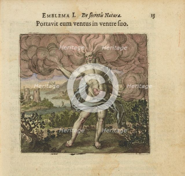 Emblem 1. The wind carried him in his belly. From "Atalanta fugiens" by Michael Maier, 1618. Creator: Merian, Matthäus, the Elder (1593-1650).