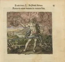 Emblem 1. The wind carried him in his belly. From "Atalanta fugiens" by Michael Maier, 1618. Creator: Merian, Matthäus, the Elder (1593-1650)