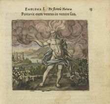 Emblem 1. The wind carried him in his belly. From "Atalanta fugiens" by Michael Maier, 1618. Creator: Merian, Matthäus, the Elder (1593-1650)