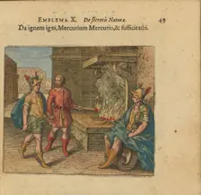 Emblem 10. Give fire to fire, Mercurius to Mercurius, and it is enough for you, 1618. Creator: Merian, Matthäus, the Elder (1593-1650)