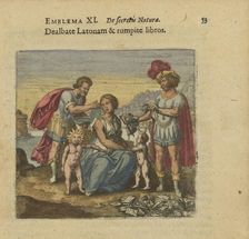 Emblem 11. Machet knows the Latona and tears up the books, 1618. Creator: Merian, Matthäus, the Elder (1593-1650)