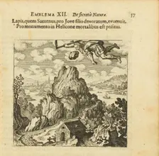 Emblem 12. The stone that Saturn ate and spat out before Jupiter's son is remembered..., 1618. Creator: Merian, Matthäus, the Elder (1593-1650)