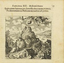 Emblem 12. The stone that Saturn ate and spat out before Jupiter's son is remembered..., 1618. Creator: Merian, Matthäus, the Elder (1593-1650)