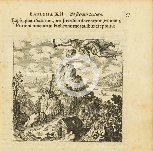 Emblem 12. The stone that Saturn ate and spat out before Jupiter's son is remembered..., 1618. Creator: Merian, Matthäus, the Elder (1593-1650).