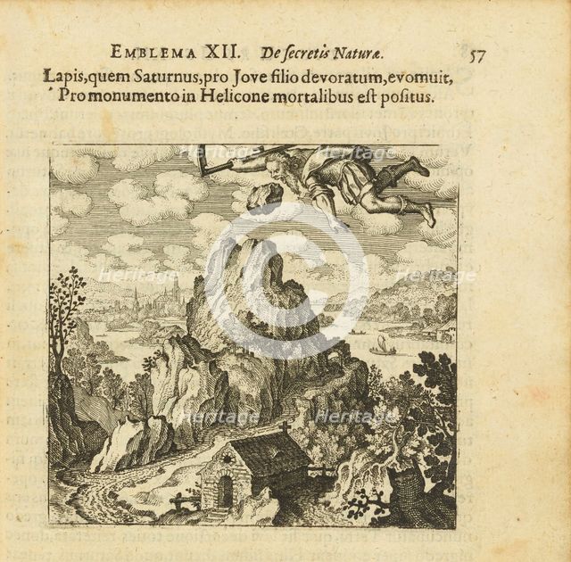 Emblem 12. The stone that Saturn ate and spat out before Jupiter's son is remembered..., 1618. Creator: Merian, Matthäus, the Elder (1593-1650).