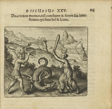 Emblem 25. The dragon does not die unless killed by his brother and sister, which are Sol..., 1618. Creator: Merian, Matthäus, the Elder (1593-1650)