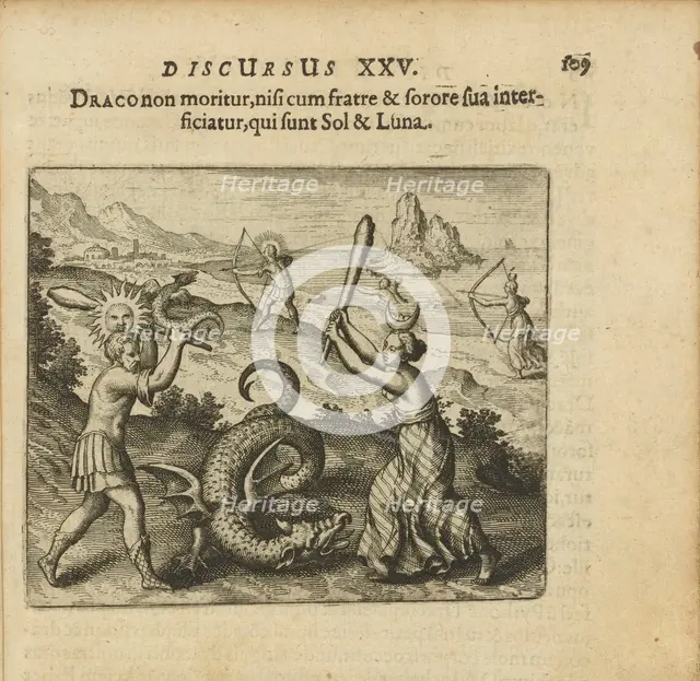 Emblem 25. The dragon does not die unless killed by his brother and sister, which are Sol..., 1618. Creator: Merian, Matthäus, the Elder (1593-1650).