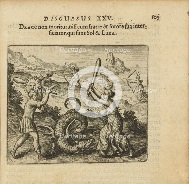 Emblem 25. The dragon does not die unless killed by his brother and sister, which are Sol..., 1618. Creator: Merian, Matthäus, the Elder (1593-1650).
