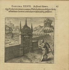 Emblem 27. Whoever wants to go in the philosopher's rose garden without the key is like a..., 1618. Creator: Merian, Matthäus, the Elder (1593-1650)