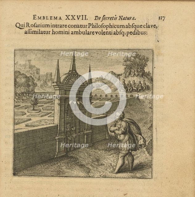 Emblem 27. Whoever wants to go in the philosopher's rose garden without the key is like a..., 1618. Creator: Merian, Matthäus, the Elder (1593-1650).