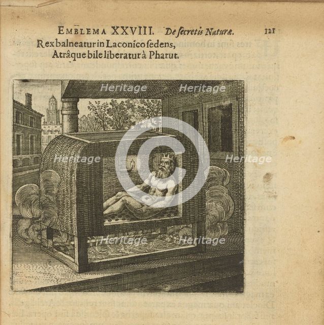 Emblem 28. The king bathes in the airy bath and is rid of the black bile by Pharut, 1618. Creator: Merian, Matthäus, the Elder (1593-1650).