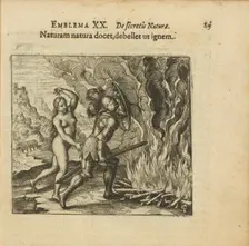 Emblem 20. Nature teaches nature to overcome fire. From "Atalanta fugiens" by Michael Maier, 1618. Creator: Merian, Matthäus, the Elder (1593-1650)