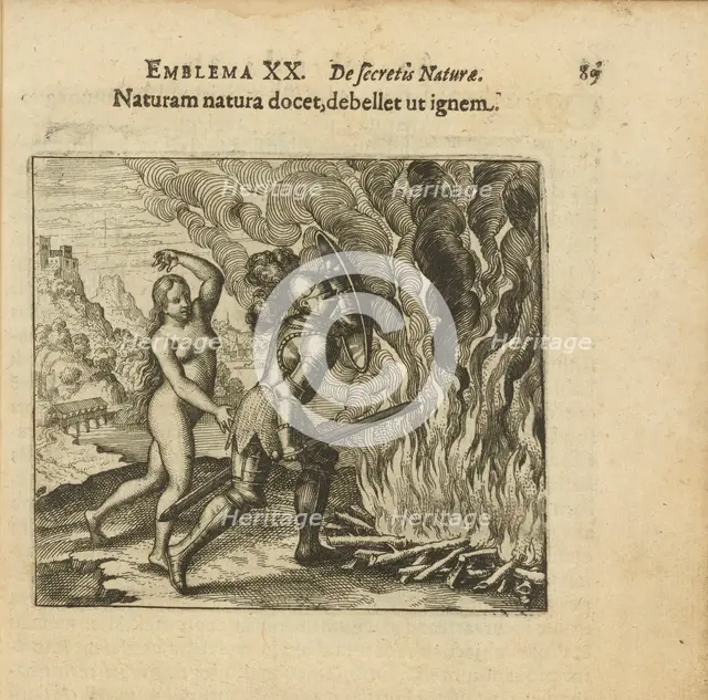 Emblem 20. Nature teaches nature to overcome fire. From "Atalanta fugiens" by Michael Maier, 1618. Creator: Merian, Matthäus, the Elder (1593-1650).
