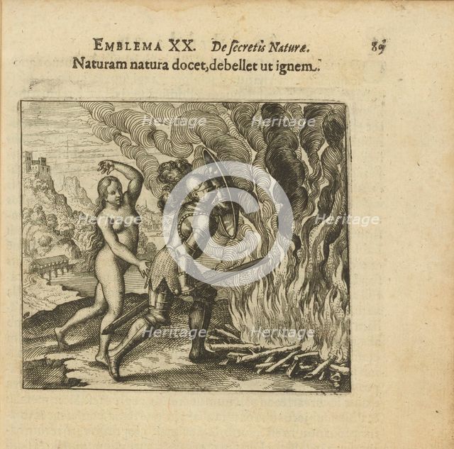 Emblem 20. Nature teaches nature to overcome fire. From "Atalanta fugiens" by Michael Maier, 1618. Creator: Merian, Matthäus, the Elder (1593-1650).