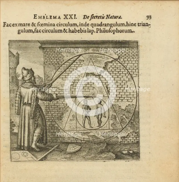 Emblem 21. Make a circle of man and woman, out of it a square, out of that into a triangle..., 1618. Creator: Merian, Matthäus, the Elder (1593-1650).