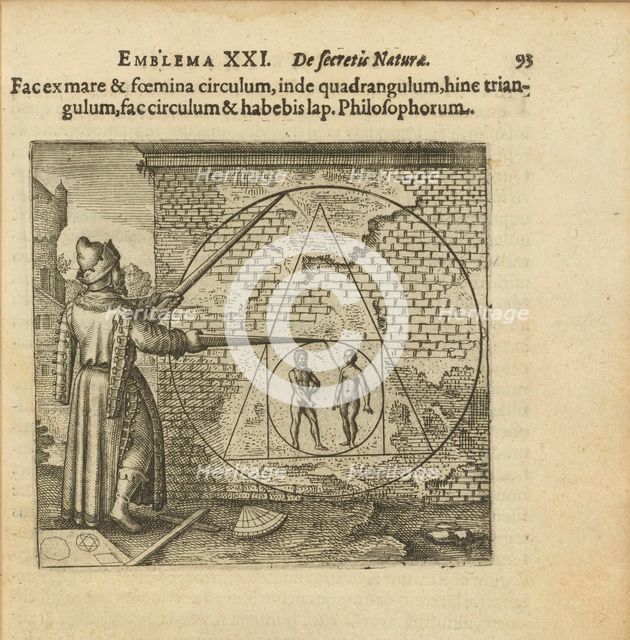 Emblem 21. Make a circle of man and woman, out of it a square, out of that into a triangle..., 1618. Creator: Merian, Matthäus, the Elder (1593-1650).