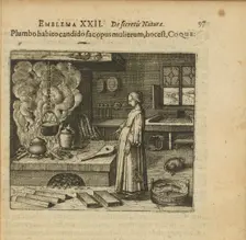 Emblem 22. If you have the white lead, do the woman's work, that is, cooking, 1618. Creator: Merian, Matthäus, the Elder (1593-1650)